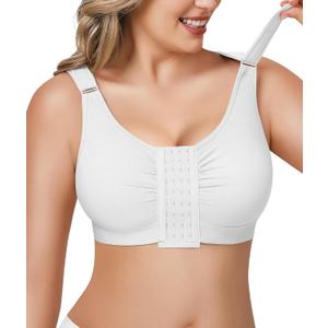BRABIC Post Surgery Front Closure Bras for Women Full Coverage Compression Mastectomy Wireless Bra with Adjustable Straps (Large, White)