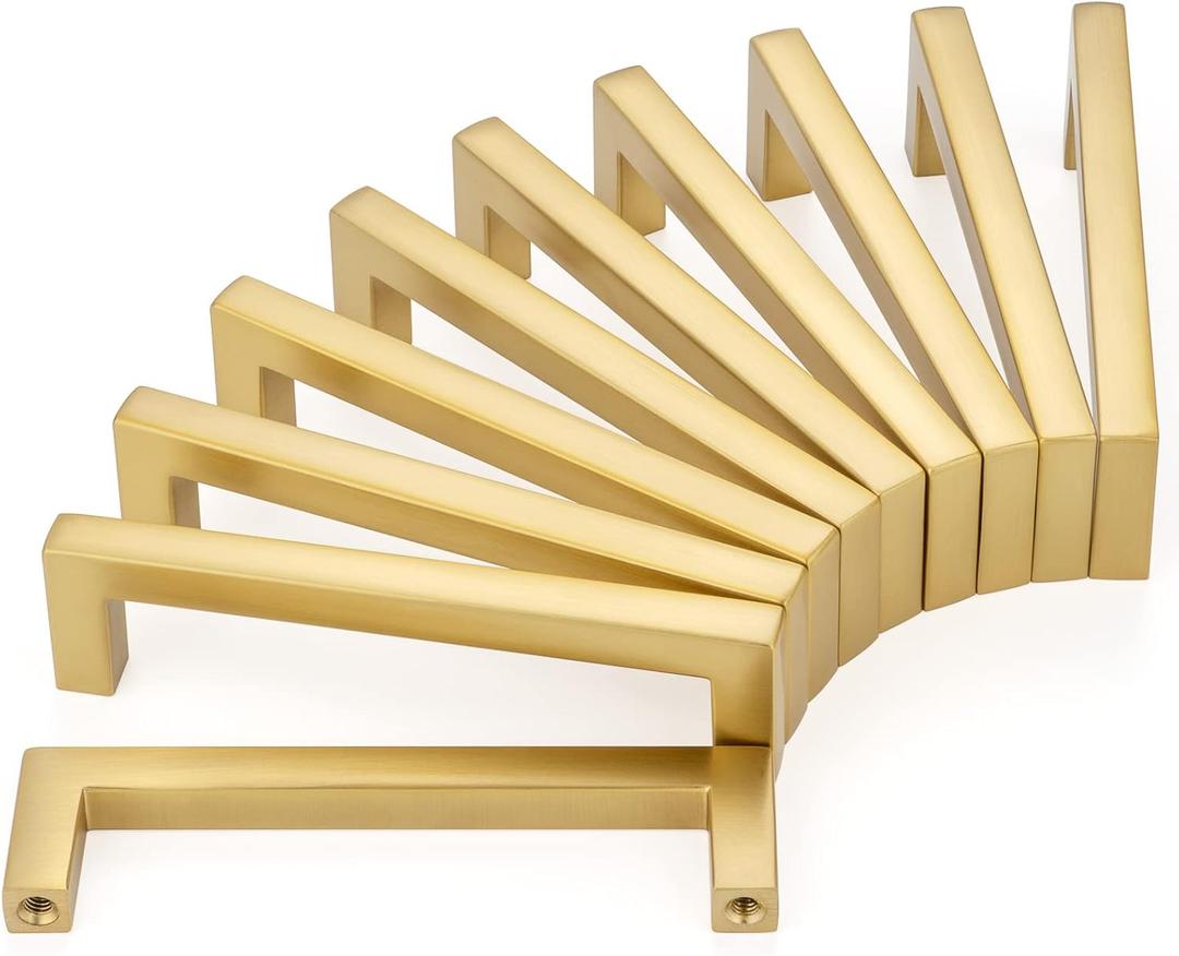 KOOFIZO Solid Square Bar Cabinet Handle - Brushed Gold Furniture Pull, 3 Inch/76mm Screwhole Distance, 10-Pack for Kitchen Cupboard Door, Bedroom Dresser Drawer, Bathroom Wardrobe Hardware