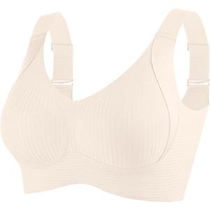 Bras for Women No Underwire Full Coverage Adjustable Bra Comfort Wireless Ribbed Bras 2025 (Large, Beige)