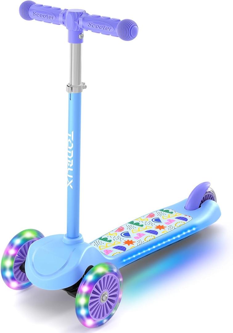 TONBUX Kids Scooter for Ages 3-5, Toddler Scooter with Light-Up Deck and Wheels, Adjustable 4-Level Height 3-Wheel Scooter for Kids, Lean-to-Steer Design (Blue)