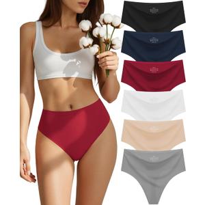 Sosusu Seamless Underwear for Women Cotton Thongs High Waisted Soft Breathable No Show Panties Invisible Stretch 6 Pack (Large)