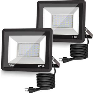 L LOHAS LED Dusk to Dawn Floodlight Outdoor, 50W Auto On/Off 6000K Daylight Plug in Flood Lights, IP66 Waterproof Work Light, 2300LM Security Lights for Yard, Garage, UL Listed, 2Pack