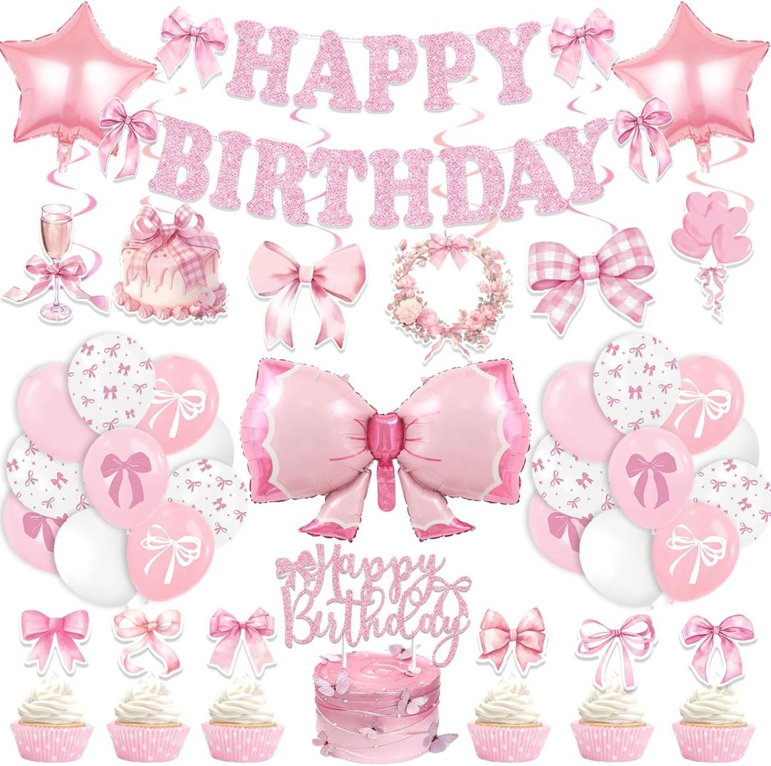 Pink Bow Birthday Party Decorations Girl Bow Themed Party Decorations Include Happy Birthday Banner Hanging Swirls Balloons Cake Toppers for Girls Baby Shower Bridal Shower Bachelorette Party Decor