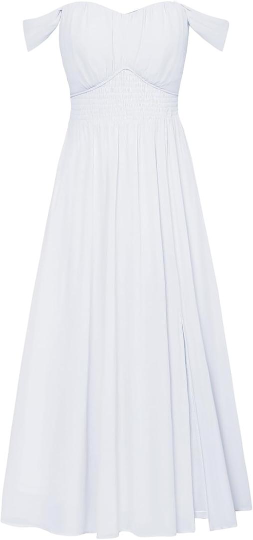 GRACE KARIN Summer White Dress for Women 2026, Off the Shoulder Smocked Bridesmaid Dresses, Formal Baby Shower Maxi Dresses L