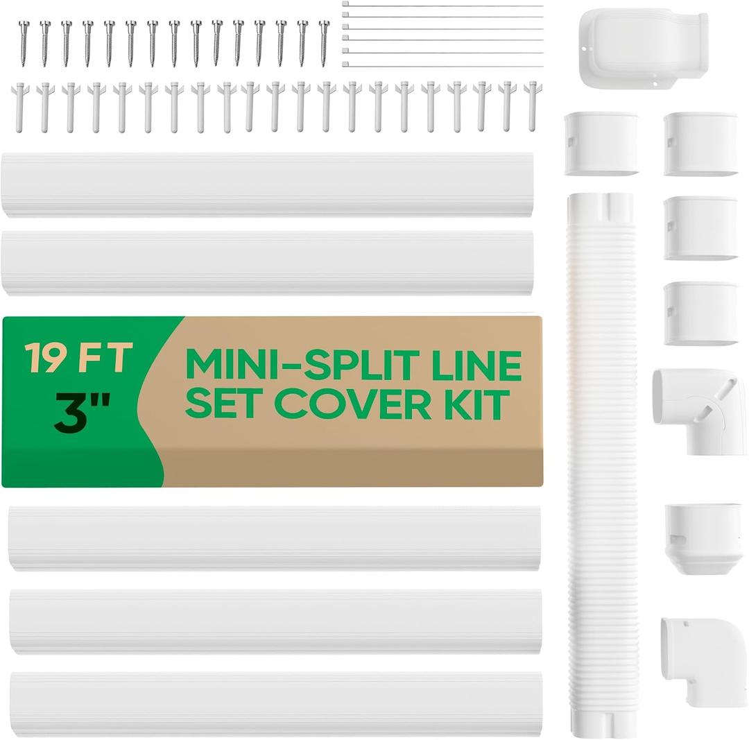 3" 19Ft Mini Split Line Set Cover, PVC Ductless Air Conditioner Decorative Pipe, Pump Covers, AC Line Cover Kit, for Outside Units Air Conditioners & Heat Pumps, All in One Set