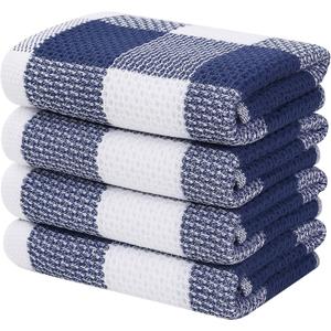 Homaxy 100% Cotton Waffle Weave Check Plaid Kitchen Towels, 13 x 28 Inches, Super Soft and Absorbent Dish Towels for Drying Dishes, 4-Pack, White & Navy Blue