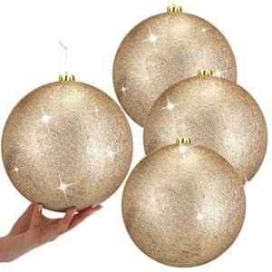 Zubebe 4 Pcs Extra Large Christmas Ball Ornaments 8'' (200 Mm) Giant Oversized Plastic Xmas Ball Big Hanging Christmas Tree Ornaments for Holiday Party Outdoor Decor(Glitter Champagne Gold)
