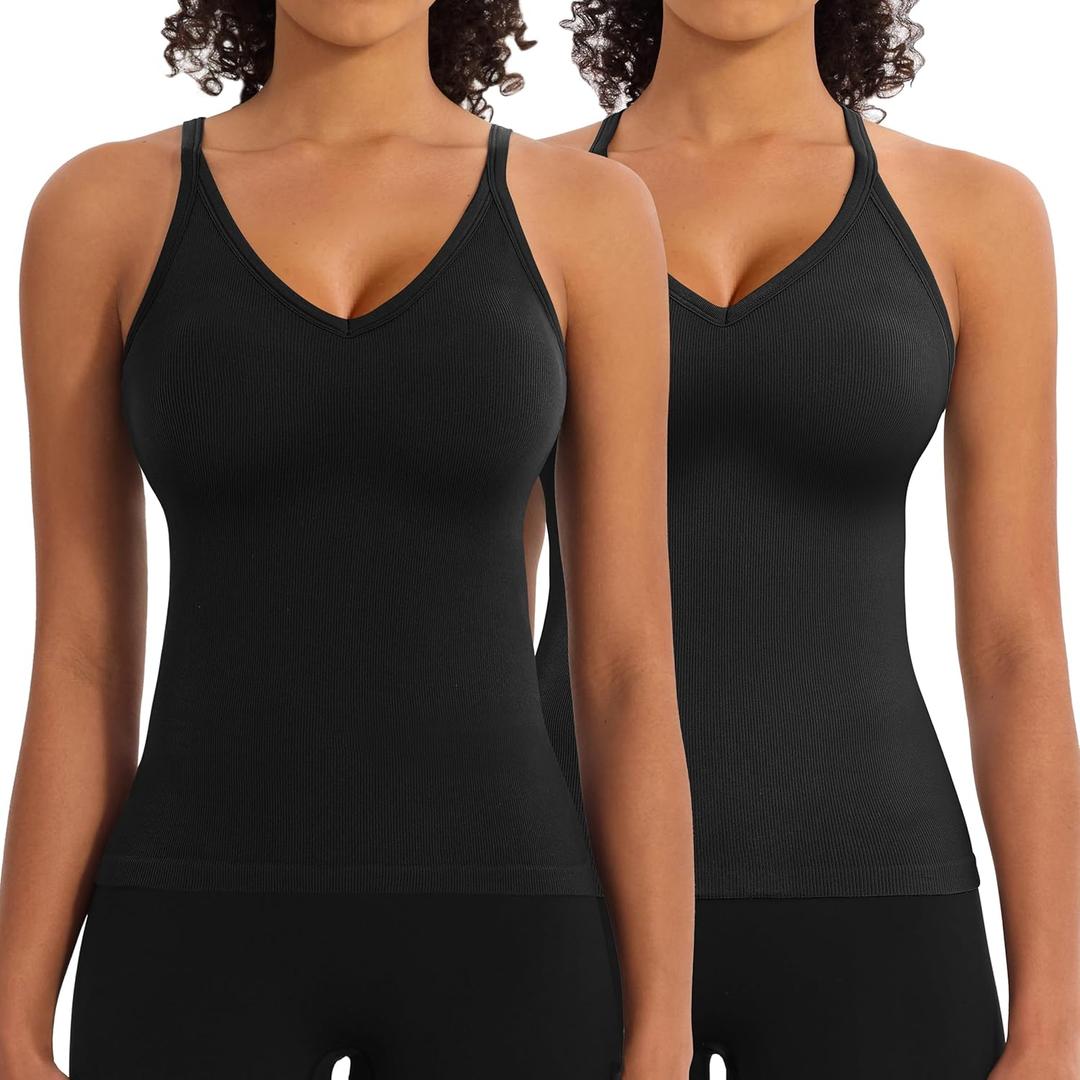 2 Pack Workout Tank Tops with Built in Bra for Women V Neck Seamless Ribbed T-Back Tank & Adjustable Strap Camisole (Large)