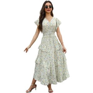 Womens Summer Floral Dress 2026 V Neck Short Sleeve Chiffon Boho Flowy Beach Casual Maxi Long Dresses for Women Yellow Green (L)
