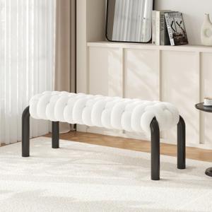 Christopher Knight Home Roach 41" Modern Teddy Braided Upholstered Entryway Bench, Ottoman Bench with Curved Metal Legs, Long Footstool for Living Room Dining Room, End of Bed Ottoman, White, 41.00 x 17.00 x 18.00