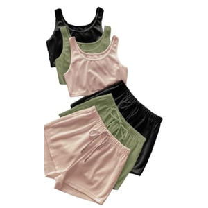 GORGLITTER Summer Outfits for Women 2025 Vacation Beach 6 Pieces Crop Tank Top and Shorts Matching Sets (Medium, Green, Black and Pink)