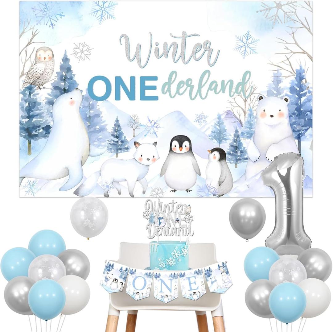 Winter Onederland 1st Birthday Decorations, Arctic Polar Animals Blue Silver Balloon with Backdrop Cake Topper One High Chair Banner Number 1 Foil Balloon for Boys Girls 1st Birthday Party