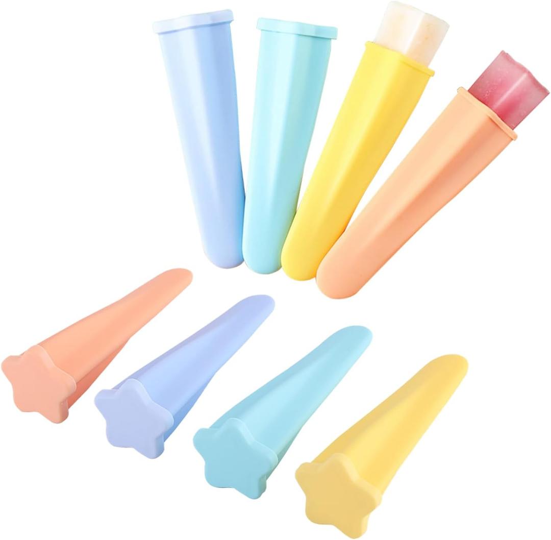 Silicone Ice Pop Molds Popsicles Molds, 8 PCS Reusable Hand Held Popsicles Makers for Kids, Multicolored Star Shaped Ice Pop Molds with Attached Lid for DIY Ice Cream Yogurt Sticks Jelly Chocolate