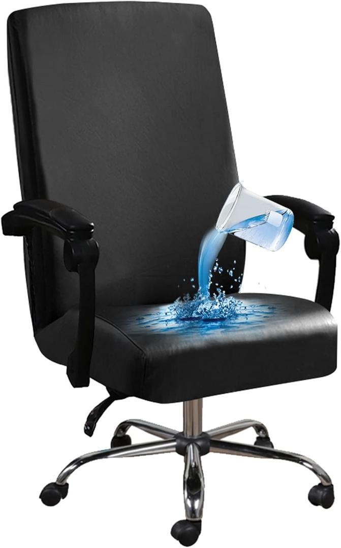 Shukii Waterproof Office Chair Cover PU Leather Computer Seat Covers Stretch Rotating Chair Slipcover with Elastic Bottom Universal Chair Protectors for Rotating Boss Chair (Black, Large)