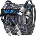 USBC to USBC 100W [10ft/2 Pack] USB C to USB C Fast Charging Cable Braided C to C Charger Cord for MacBook Pro/Air, iPhone 16 15 Pro Max Plus,iPad Pro,Samsung Galaxy S25 Ultra S24 S23,Pixel,PS5,Switch (Grey)