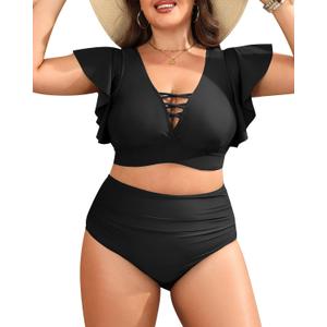 Plus Size Bikini Two Piece Swimsuit - Women High Waisted Tummy Control Bathing Suit with Sleeve Swimwear 2025 (Black, 20W)
