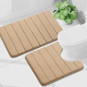 Buganda Bathroom Mat Set, 2 Piece Memory Foam Bath Mat and U-Shaped Toilet Rug, Machine Wash Dry, Soft Non Slip Absorbent Bath Rug for Bathroom, Shower and Tub (30" x 20"+24" x 20", Camel)