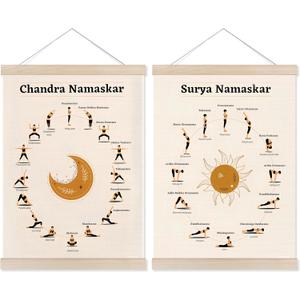 Welshower Boho Chandra Namaskar Yoga Poster Hanger Frame, Moon Salutation Boho Hindu Spiritual Meditation Wall Art Prints Decor for Yoga Room Studio Gym Home Bedroom Therapy Office, 12x16 Inch Set of 2