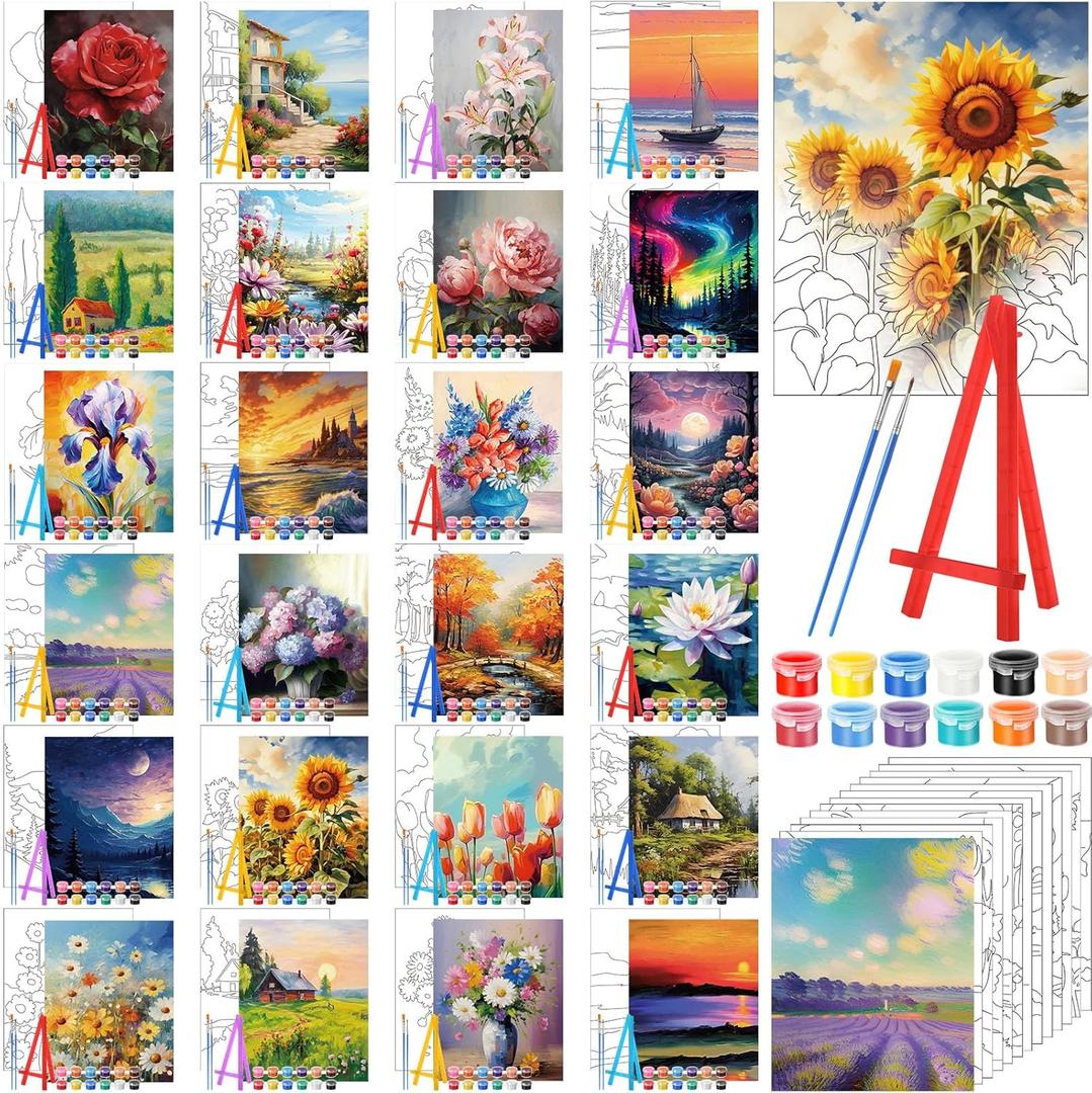 Blosssound 24 Set Flower Scenery Pre Drawn Canvas Pre Printed Canvas Painting with Easel Kits 5 x 7'' Pre Stenciled Painting Panels Pre Outline Board for Kids Adult Student Beginner Party Favors DIY