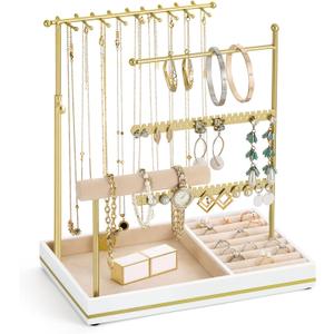 Emibele Jewelry Holder, Jewelry Organizer Stand Necklace Earrings Bracelet Holder, 5 Tier Jewelry Display Tower Rack with Metal Frame and Velvet Ring Tray, Aesthetic Jewelry Stand Gift for Women, Gold