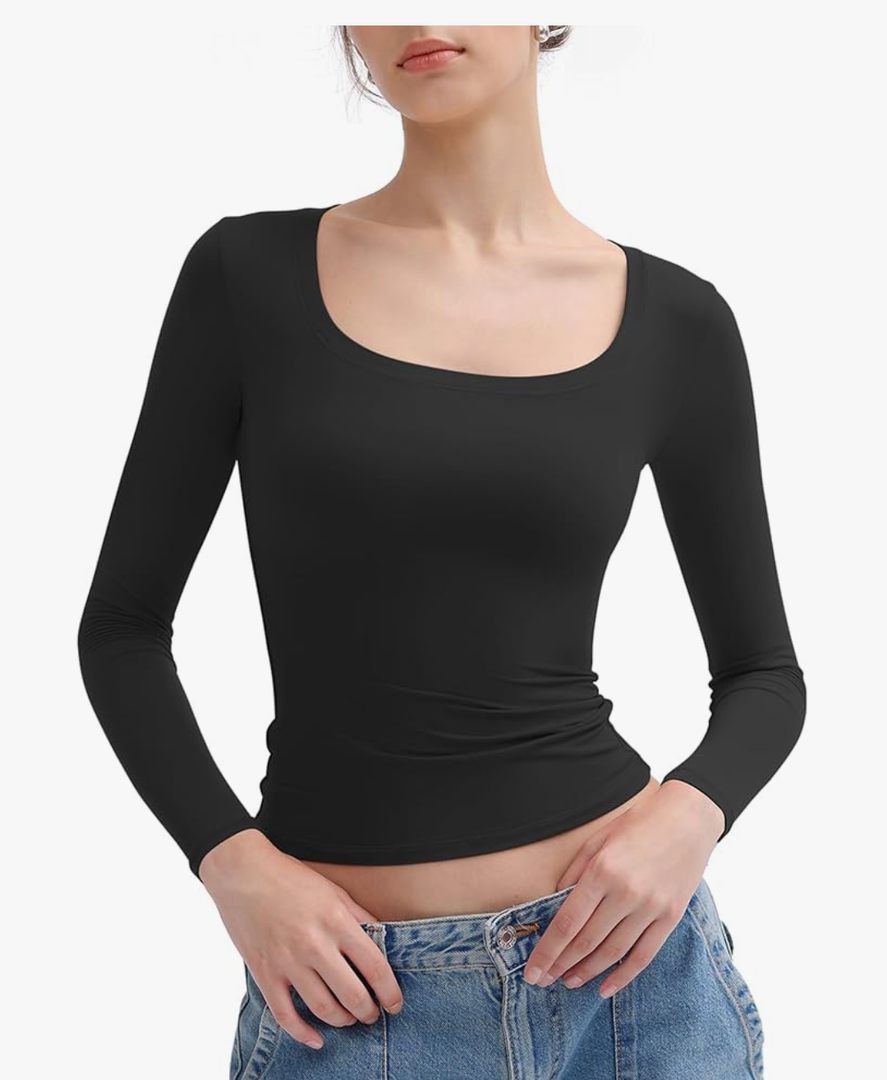 PUMIEY Women's Long Sleeve T Shirts Scoop Neck Slim Fit Going Out Tops Double Lined Basic Tee Smoke Cloud Collection, S