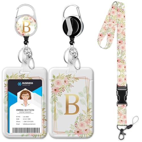 Pack of 2 Letter B Lanyards for ID Badges, Floral Badge Holder with Lanyard Badge Reel Retractable Keychain ID Name Tag Work Badge Clip for Teacher Women Work Office