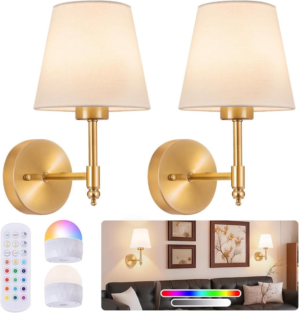 Battery Operated Wall Sconce Set of 2, Rechargeable Wireless Wall Lights with fabric Lampshade, 5200mAh Dimmable Bulbs with Remote,15 Colors Wireless Wall Lamps for Bedroom Living Room Hallway Decor
