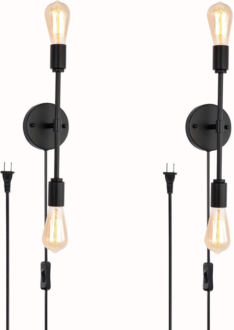 2-Light Black Bathroom Vanity Light FixturesModern Industrial Wall Light Fixtures with On/Off Switch Cord, Plug in Wall Sconce Set of Two for Living Room Bathroom Farmhouse Dining Room