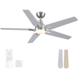 52 Inch Ceiling Fans with Lights and Remote, Brushed Nickel Modern Ceiling Fan for Bedroom, Living Room, Dining room, Patio, 3CCT Dimmable 6 Speeds DC Quiet Reversible