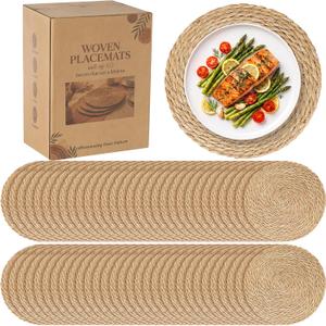 60 Pack 13.8IN Round Woven Placemats, Natural Bulrush Boho Farmhouse Mats
