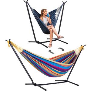 SUNCREAT 2-in-1 Convertible Backyard Fabric Hammock with Stand, Large Hammocks for Outside, Patented, Purple Stripe