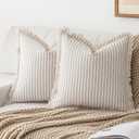 YEENAASY Throw Pillow Covers 18x18 Set of 2 Striped Fringe Pillow Cover Farmhouse Cushion Covers with Tassel Neutral Boho Pillows Decorative Square Pillowcase for Couch Sofa Bed, Khaki