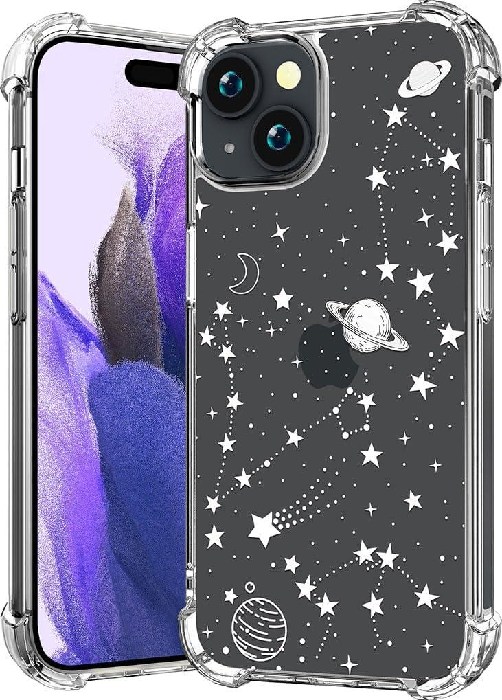 CCFUNCASE Compatible with iPhone 14 Plus Case Clear Cute for Women - Rugged Phone Cases Funda Protector Cover Skin (White Planets Galaxy Universe)