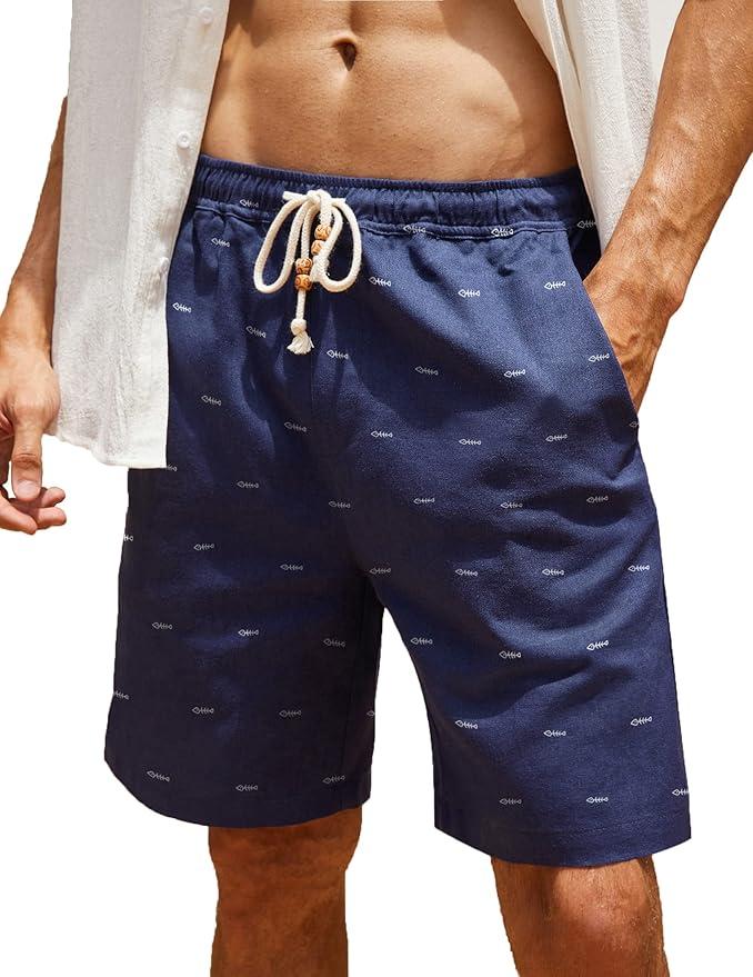Men's Linen Shorts Casual Elastic Waist Drawstring Summer Beach Shorts L