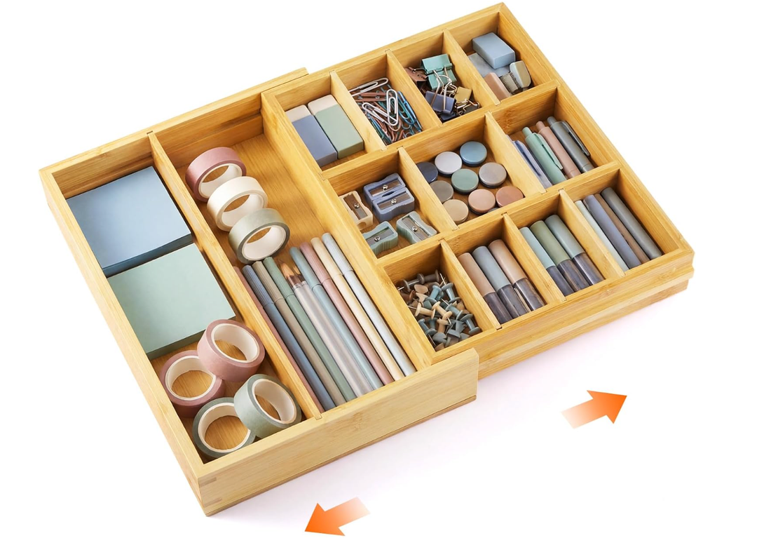 Bamboo Sliding Desk Drawer Organizer 12'' up to 15.7'' x 14'' x 2.2'' Expandable Office Desk Accessories Supplies Tray with 7 Compartments for Pens, Notebooks, Rulers, and Makeup Jewelry Vanity