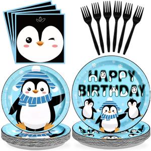 96 Pcs Penguin Birthday Party Supplies Winter Onederland Penguin Party Plates and Napkins Disposable Arctic Animal Tableware Set for Kids Birthday Baby Shower Decorations Serves 24