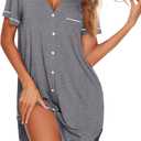 Ekouaer Nightgowns for Women Button Down Night Gowns Short Sleeve Sleep Shirt V Neck Nightshirt Soft Sleepwear Pajams Dress (Large, Might Grey)