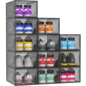 12 Pack Hard Sturdy Thickened Rigid XX Large Shoe Storage Organizer for Closet, Clear Stackable Sneaker Shoe Boxes Rack Containers Display Case Bins with Lids, Grey02