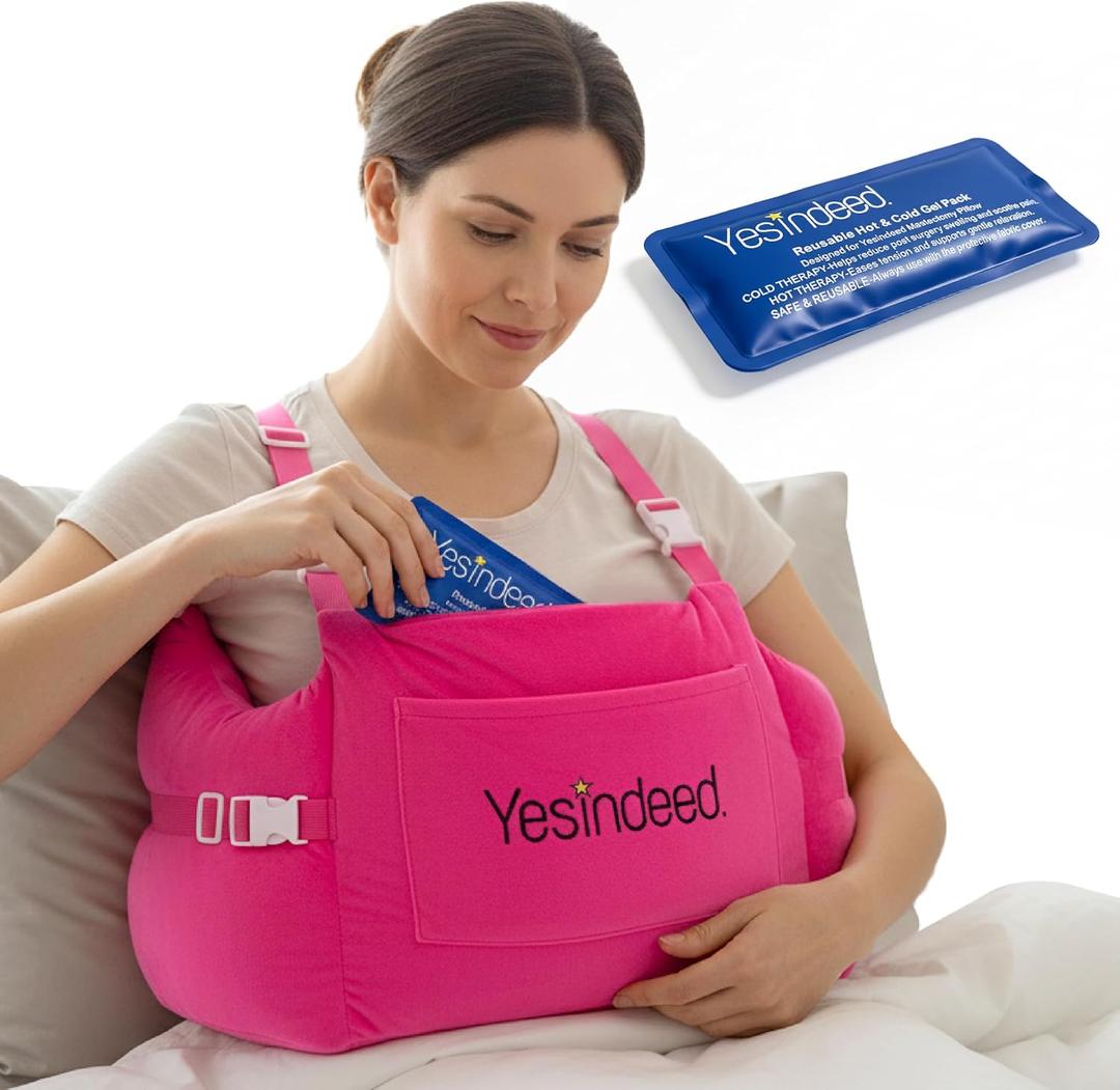 YESINDEED Post Mastectomy Pillow – Recovery Cushion with Strap, Shoulder Loops & Gel Pack – Soft Pink Support Pillow for Breast, Heart, C‑Section & Hysterectomy Recovery (Pink), One Size