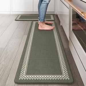 Kitchen Floor Mats Cushioned Anti Fatigue,Waterproof Kitchen Mats for Floor 2 Piece,Memory Foam Kitchen Mat,Comfort Kitchen Sink Rug for Bathroom Laundry Office,Green (17.3" x 59"+17.3" x 29")