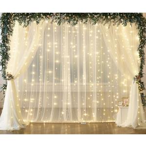 Ivory Tulle Backdrop Curtains with Lights String for Parites Wedding 20×8ft Ivory Sheer Backdrop Curtains for Baby Shower Birthday Party Photo Shoot Background Decorations(4 Panels 5ft×8ft)