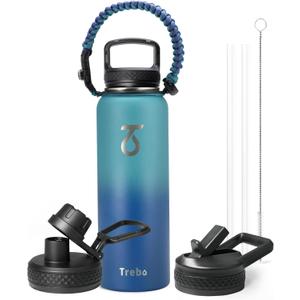 Trebo 40oz Water Bottle Insulated with Lid and Straw,Double Wall Vacuum Stainless Steel Tumbler Sports Flask with Paracord Handle, Keep Hot 24 Hours & Cold 48 Hours Water Jug with 3 Lids, Cyan Blue Trebo 40oz Water Bottle Insulated with Lid and Straw,Double Wall Vacuum Stainless Steel Tumbler Sports Flask with Paracord Handle, Keep Hot 24 Hours & Cold 48 Hours Water Jug with 3 Lids, Cyan Blue