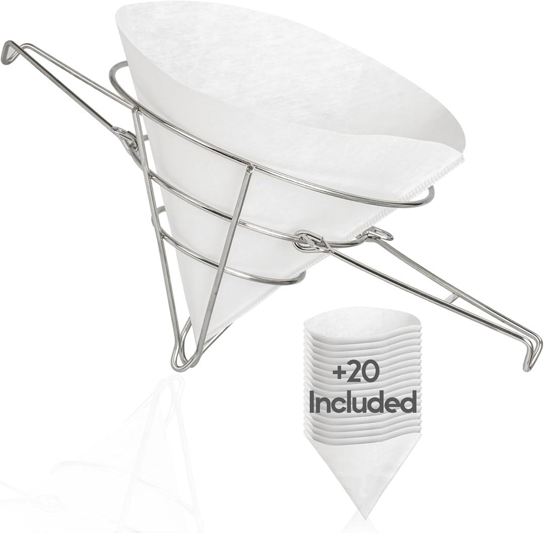 Cleaner Oil, Better Filtration  Stainless Steel Cone Filter Holder with 20 Paper Filters | 10-Inch Cone Filters for Longer-Lasting Frying Oil & Maple Syrup