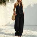 Womens Boho Linen 2 Piece Sets Summer Sleeveless Halter V Neck Tank Top Wide Leg Pants Matching Lounge Outfits 2026 (Black, L)