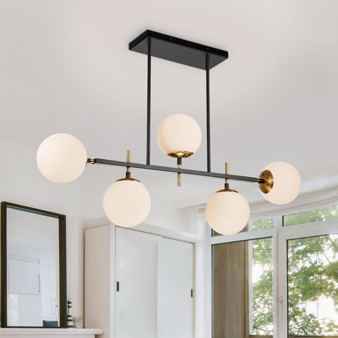 EDISLIVE Modern Milk Globe Chandelier 5-Light Glass Globe Pendant Light Fixture 39.4in E26 Linear Hanging Lighting for Kitchen Island Dinning Room Living Room Black-Frosted Bubble