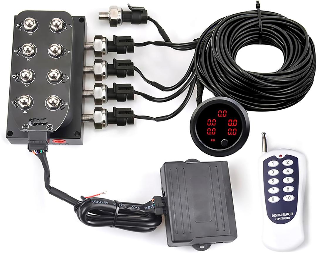 12V 8-Valve Solenoid Valve Air Ride Suspension Manifold Valve With Remote Controller 0-300 PSI With Five Display Air Pressure Gauge