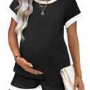 Ekouaer Maternity Pajamas Sets for Women Waffle Knit Loungewear Short Sleeve 2 Pieces Outfits Sleepwear Pregnancy Clothes Black L