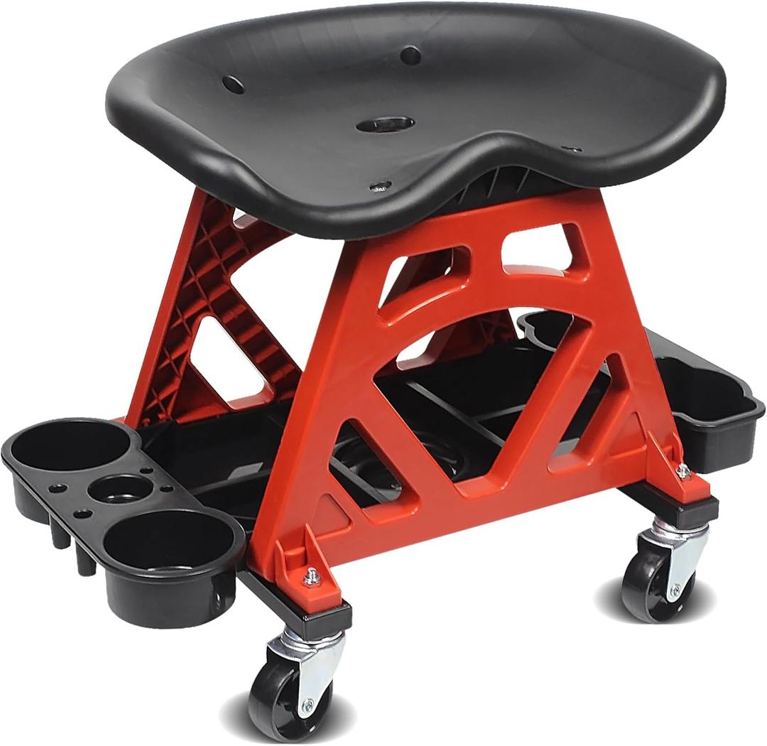 MaxWorks 50957 Ergonomic Seat Mechanic Stool Chair 22.9" L x 13.9" W x 17" H, with 4pcs 2.5" Swivel Casters, with Tool Tray for Workshop, Garage, Auto Repair - 300 Lbs Capacity