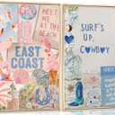 2PCS Pink And Blue Coastal Cowgirl Wall Art Surfboart Wall Decor Unframed | Coastal Girl Posters Beach Pictuers Cowboy Boots Prints for College Girls Dorm Bathroom Gallery Bedroom