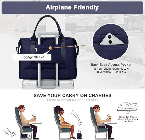 Travel Duffel Bag,Sports Tote Gym Bag,Shoulder Weekender Overnight Bag for Women, Navy blue